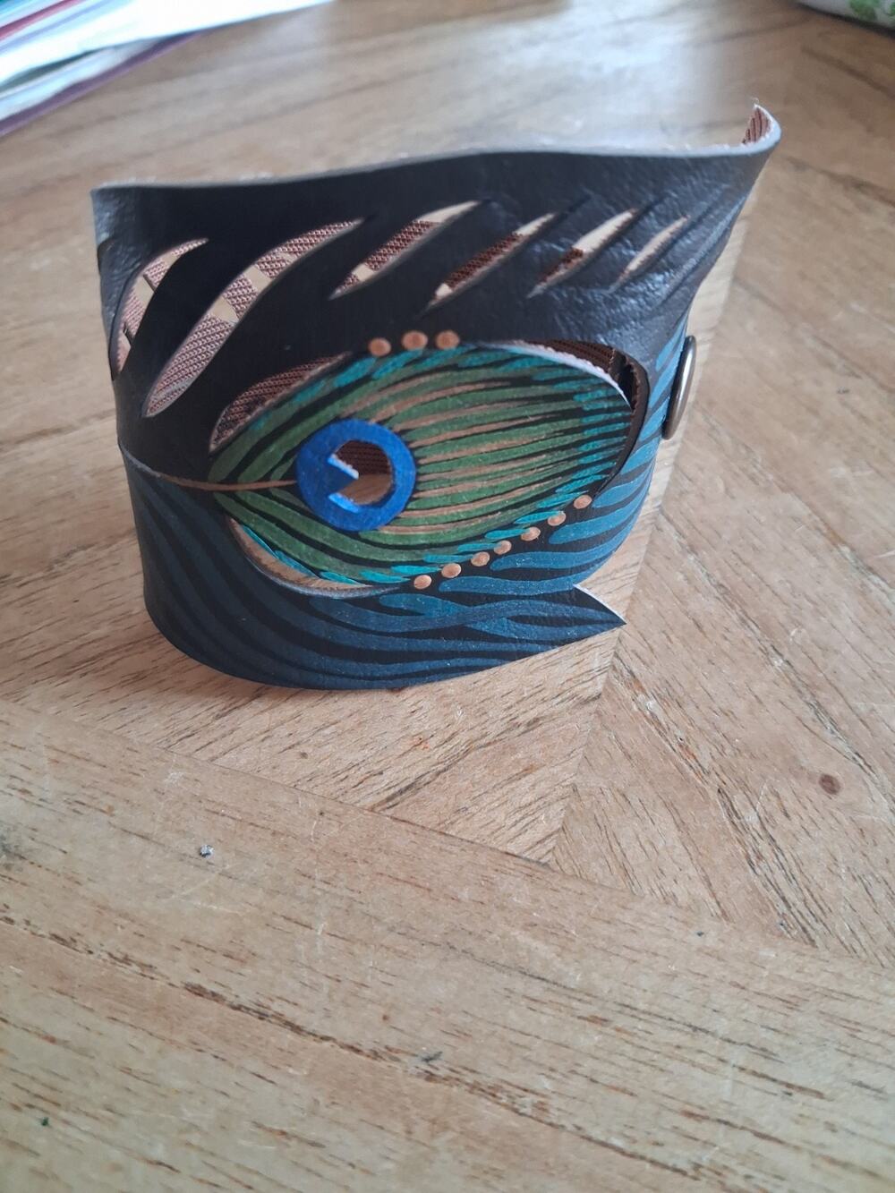 Ashley Ann Bennett Signed Hand-Painted Peacock Feather Leather Cuff Bracelet